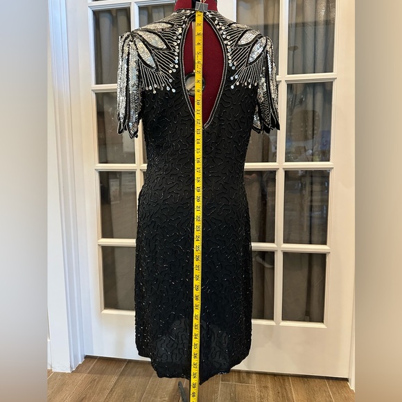 Vintage Laurence Kazar Black Silk Beaded Sheath Dress With Sequined Shoulders - Picture 15 of 15
